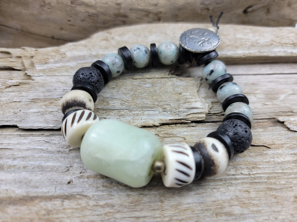 Thumbnail: Photograph of the Klugsleden Bracelet on driftwood.