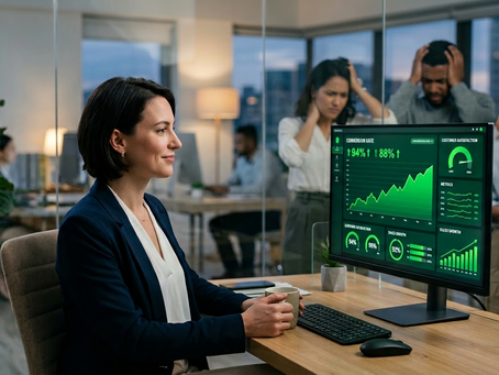 Profesional analizando métricas positivas mientras los clientes experimentan problemas en la atención al cliente