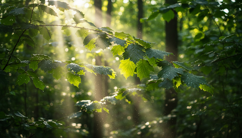 Sonnenstrahlen fallen durch grüne Waldblätter mit Tautropfen, im weichen, ruhigen Morgenlicht.