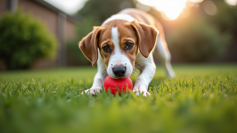 Eye-level view of a dog playing with a rubber chew toy in a garden