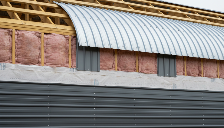 Close-up view of metal siding, roof panels, and insulated wall framing on a home under construction