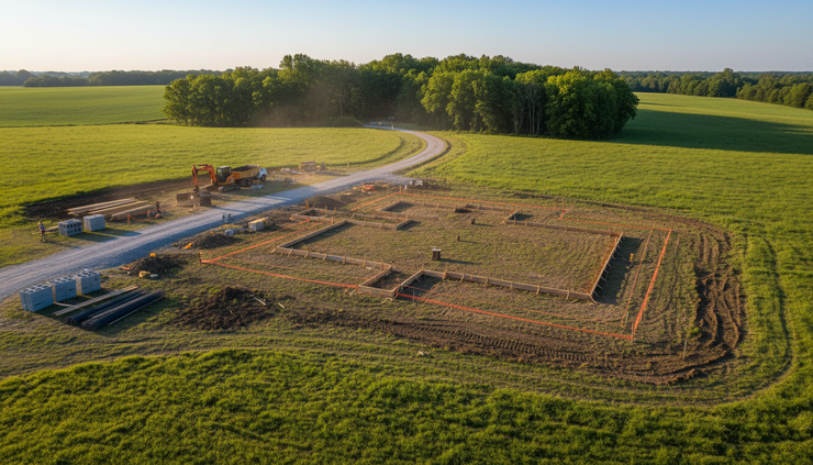 Wide-angle view of a barndominium site with open land and a planned home footprint