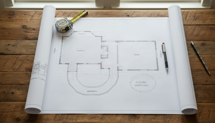 Overhead view of a barndominium drawing with porch, garage, shop, and future addition areas marked