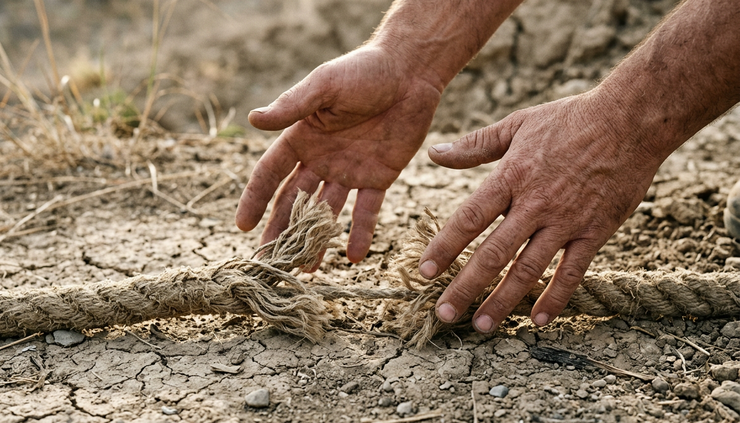 Close-up of two hands releasing a frayed rope onto dry ground.