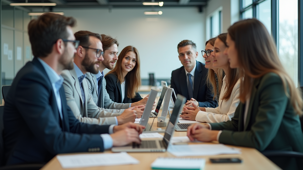 Eye-level view of a diverse group of employees collaborating in a modern office setting