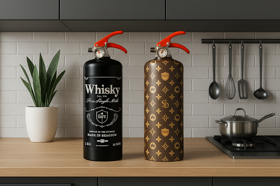 Fire extinguishers styled as whisky bottles on a kitchen counter with a potted plant and cooking utensils. White brick wall background.