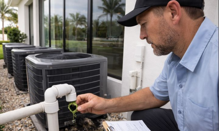 Man in blue shirt checks HVAC pipe near a building. Palm trees reflect on windows. He holds green substance, focused, with clipboard nearby.