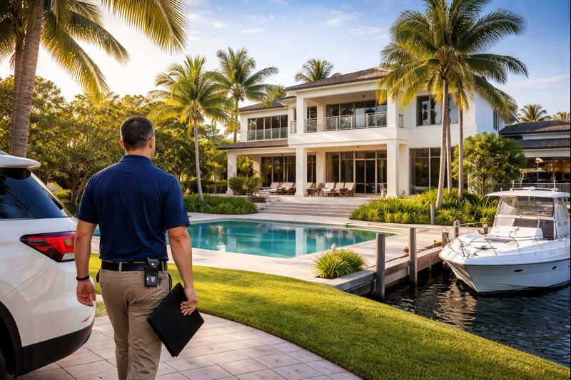 Man in blue shirt walking towards a luxurious house with a pool, surrounded by palm trees. A boat is docked nearby under a sunny sky.