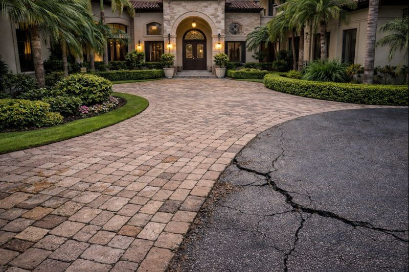 Brick driveway leading to a large house with arched entrance, surrounded by palm trees and shrubs. Cracked asphalt in the foreground.