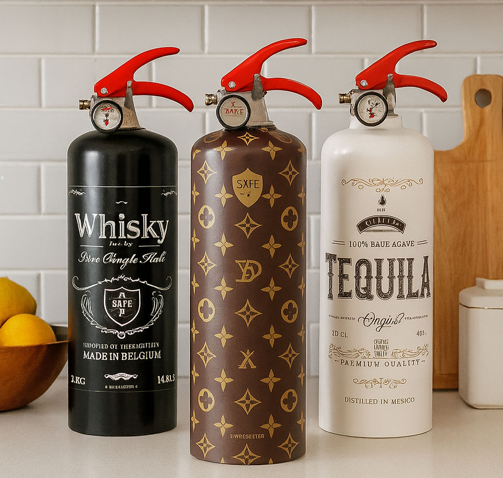 Three fire extinguishers designed as liquor bottles labeled Whisky, Tequila, and a patterned design. Set against a white tile background.