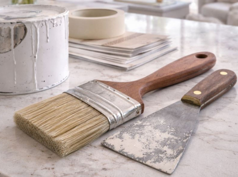 Homeowner tools on marble countertop