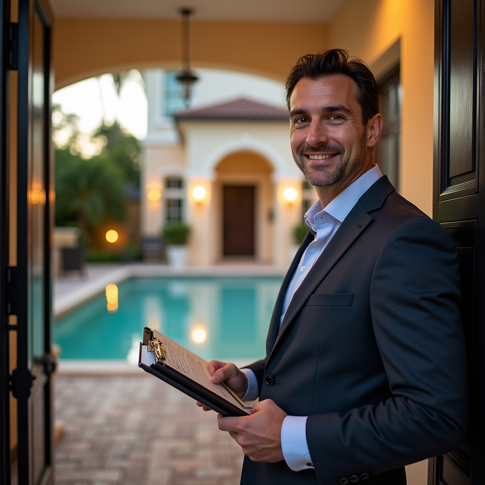 Smiling man in a suit stands at a doorway holding a clipboard, overlooking a pool and elegant house in warm lighting. Relaxed, welcoming mood.