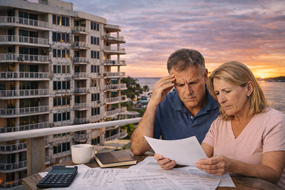 Couple reviewing papers on a balcony at sunset with a distressed expression. Background shows an apartment building. Table has a mug, notebook, calculator.