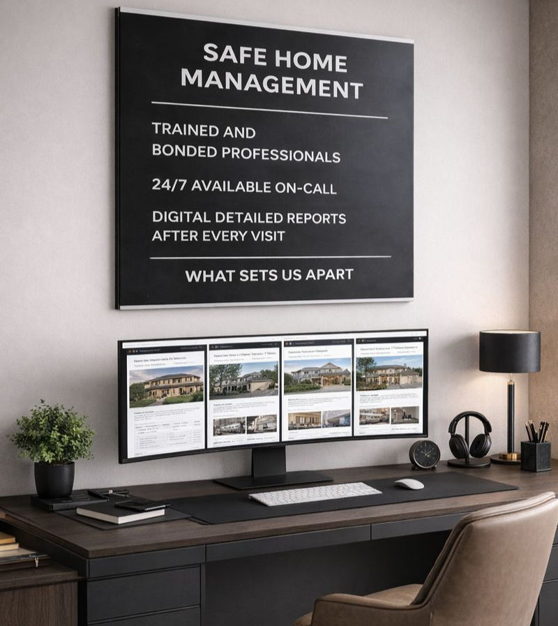Workspace with a wide monitor displaying home listings. A sign above reads "SAFE HOME MANAGEMENT." Modern desk with a lamp and plant.