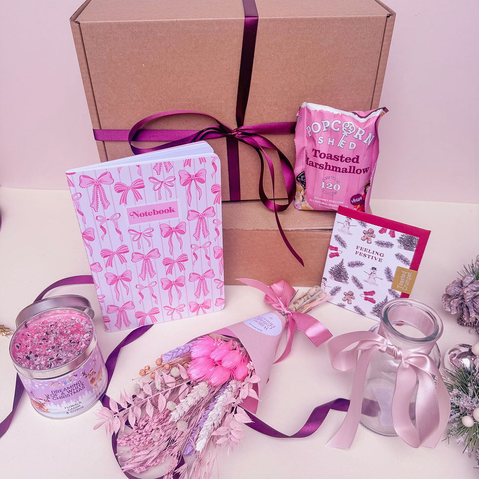 pink gift hamper packaging for christmas with ribbon