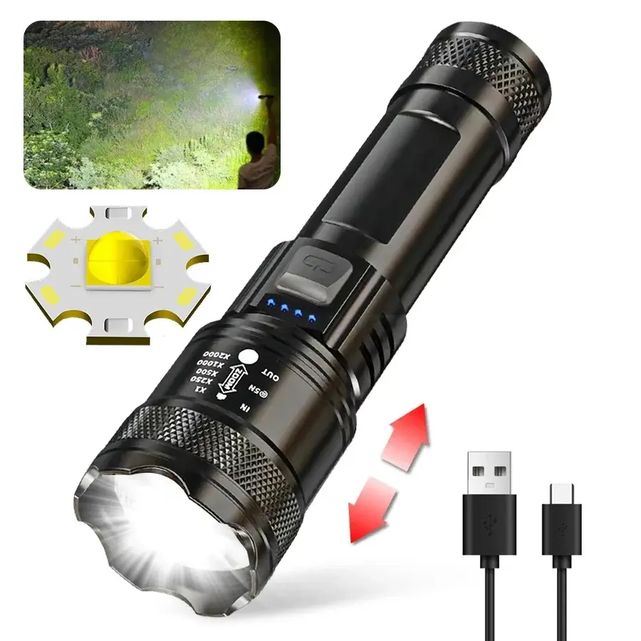 Thumbnail: High Strong Power Led Flashlights 2000LM Tactical Torch with Display Light USB C
