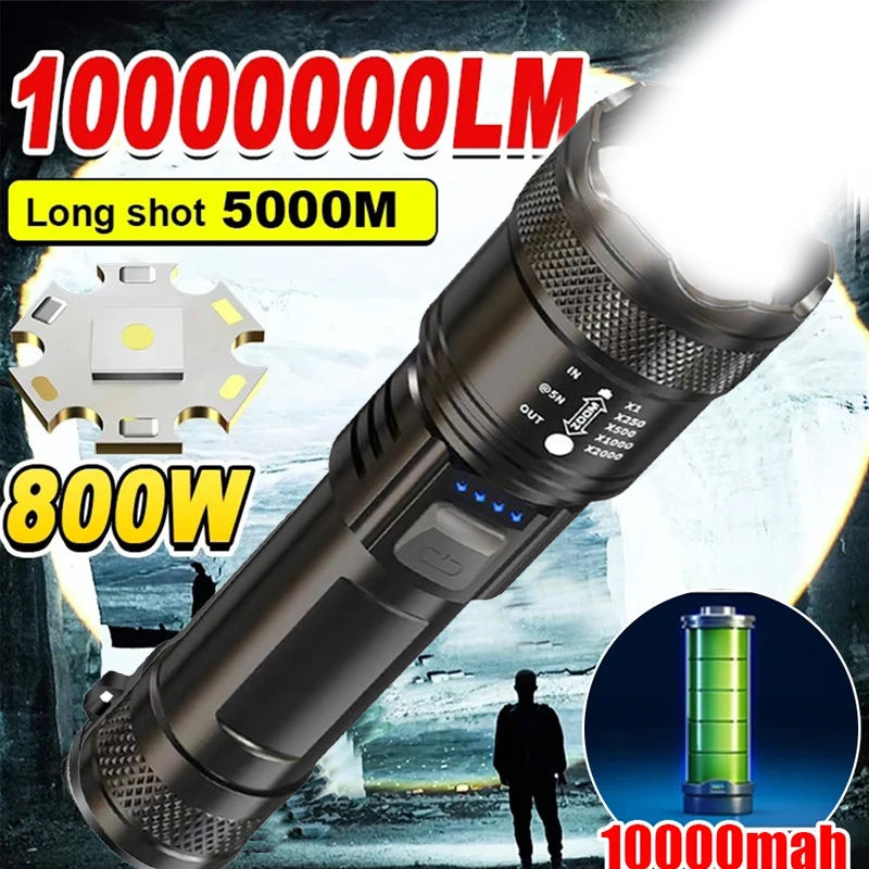 High Strong Power Led Flashlights 2000LM Tactical Torch with Display Light USB C