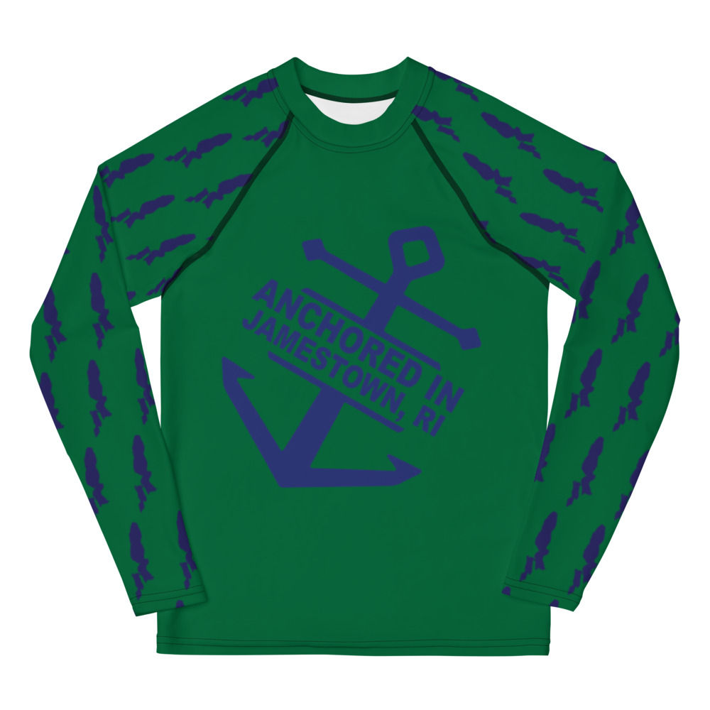 Anchored In Jamestown, RI - Youth Rash Guard - Kelly Green with Navy 