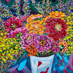 Zinnias In White Pot