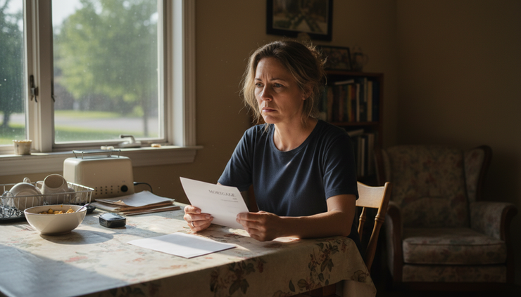 Eye-level view of a worried homeowner holding a mortgage notice at a kitchen table