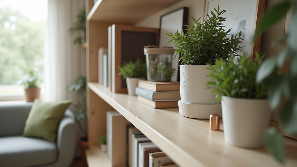 Close-up view of a styled living room shelf with books, plants, and decorative objects