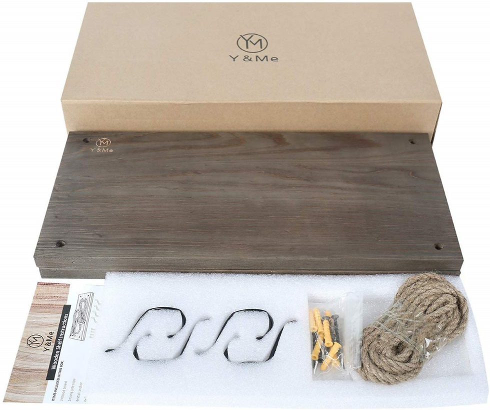 Thumbnail: Y & Me Wood Rope Hanging Floating Shelves Set of 2, Rustic Wood Hanging Shelfs
