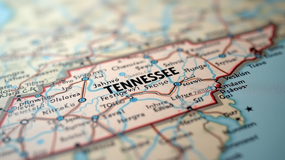 High angle view of a Tennessee map with highlighted counties