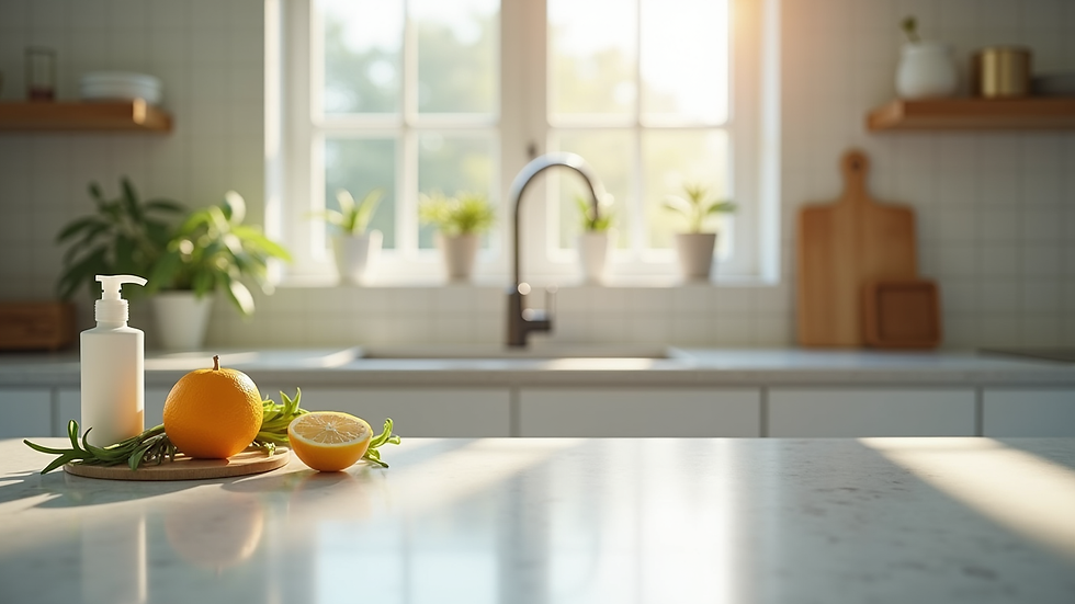 Eye-level view of a clean kitchen countertop with natural pest repellents