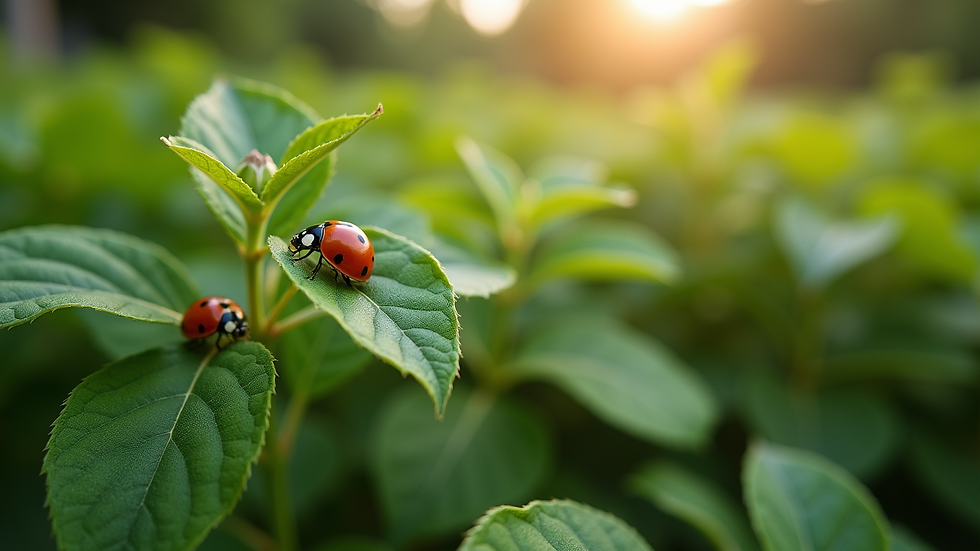 Eye-level view of a garden with ladybugs on leaves