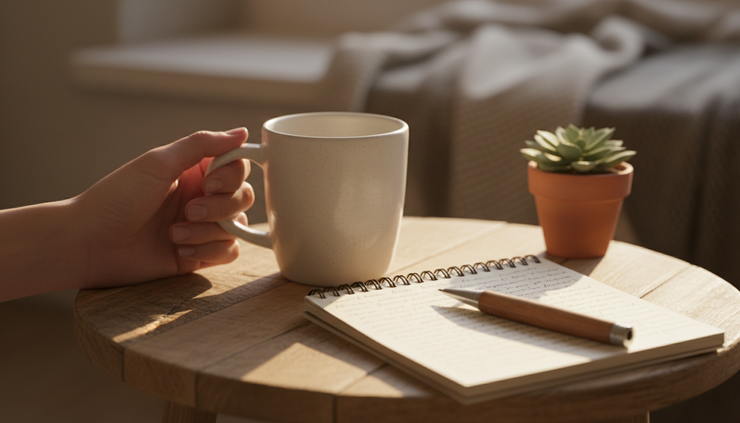 Close-up of a hand holding a warm mug beside a notebook on a small table
