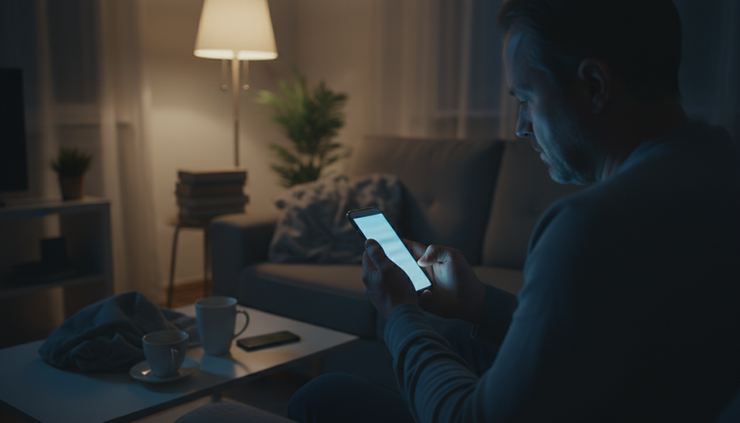 Eye-level view of a person sitting alone on a couch while holding a phone at night.