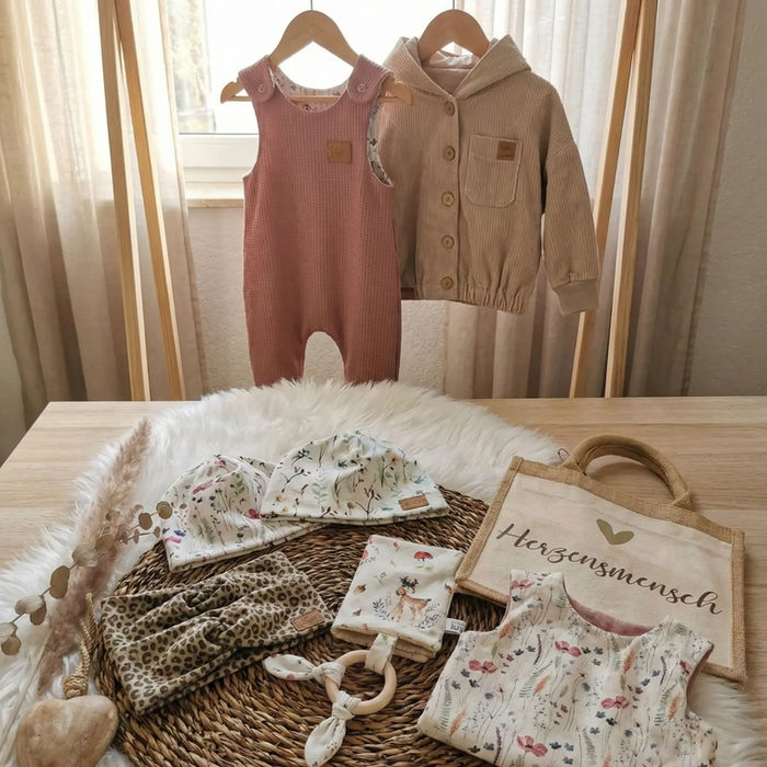 Babykleidung und Accessoires auf natürlichem Holzkleiderständer und geflochtener Matte.