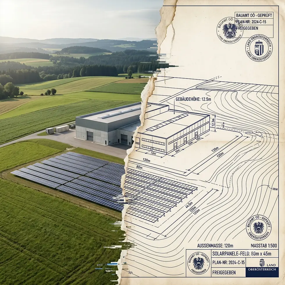Gebäude mit Solaranlage, Foto und Bauplan