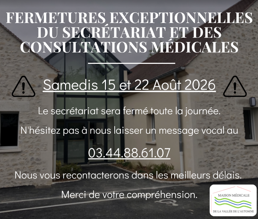 Fermetures exceptionnelles du secrétariat le 15 et 22 Août 2026
