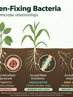In agriculture, nitrogen-fixing bacteria are used as biofertilizers for legumes, cereals, sugarcane, vegetables, forage crops, and other farming systems. Some bacteria work in close partnership with plant roots, while others live freely in the soil or inside plant tissues. In this blog, we will explore five important nitrogen-fixing bacteria used in agriculture: Rhizobium leguminosarum, Bradyrhizobium japonicum, Azospirillum brasilense, Azotobacter vinelandii, and Gluconacetobacter diazotrophicus.