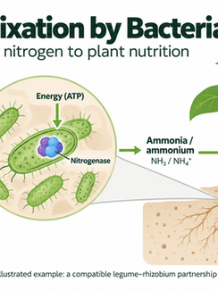Nitrogen fixation by bacteria is the conversion of atmospheric nitrogen gas (N₂) into ammonia (NH₃) using the enzyme nitrogenase.