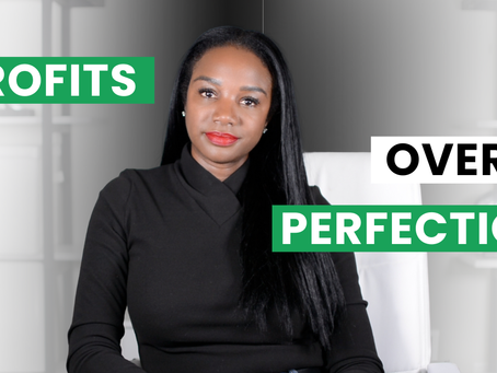 Woman in black sweater sits against a black-and-white background. Green and white text reads "Profits Over Perfection," conveying focus.