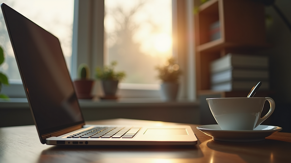 Eye-level view of a cozy home office with a laptop and a cup of tea