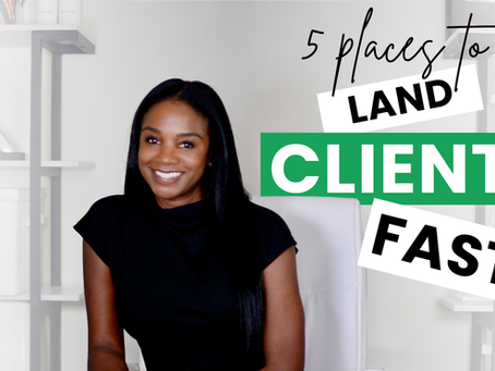 Smiling person in black shirt sits in an office. Text: "5 places to LAND CLIENTS FAST!" with bold green and white background.