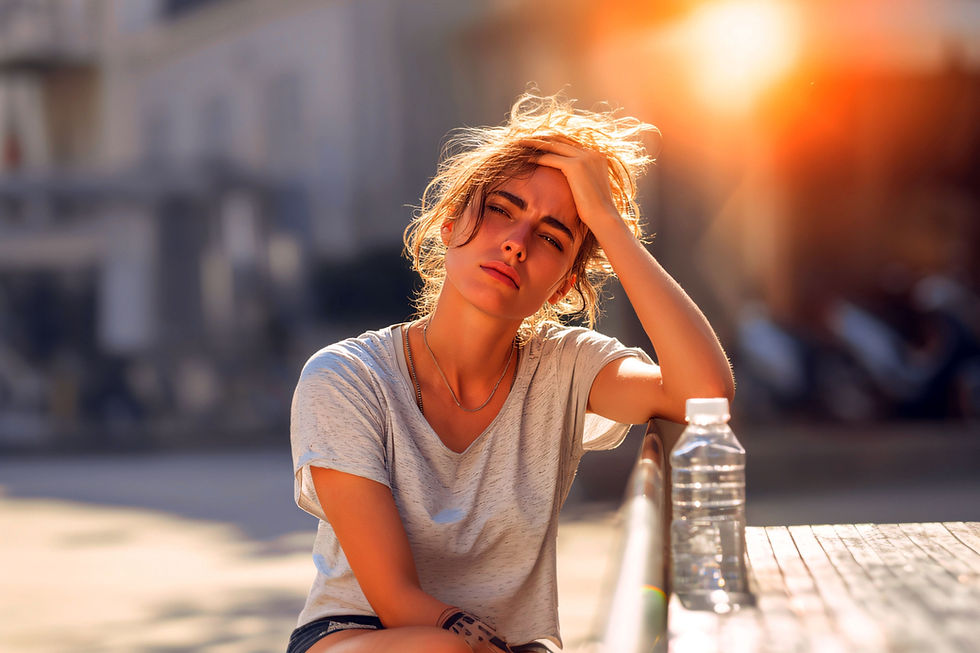 Woman sitting outdoors in warm sunlight, resting her head on her hand, appearing tired or overwhelmed, with a water bottle on a table beside her.