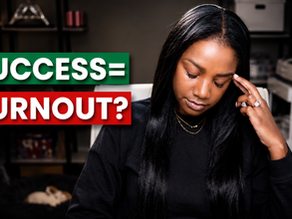 Woman in black closes her eyes and touches her temple in a home office beside bold text: SUCCESS= BURNOUT?