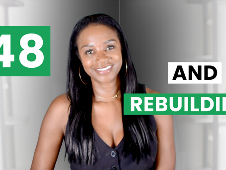 Smiling woman, long hair, against a gray background. Text reads "48" in green, "AND REBUILDING" in black and green. Modern vibe.
