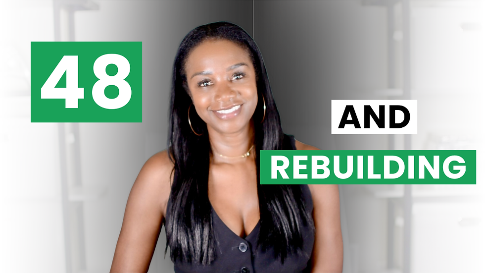 Smiling woman, long hair, against a gray background. Text reads "48" in green, "AND REBUILDING" in black and green. Modern vibe.