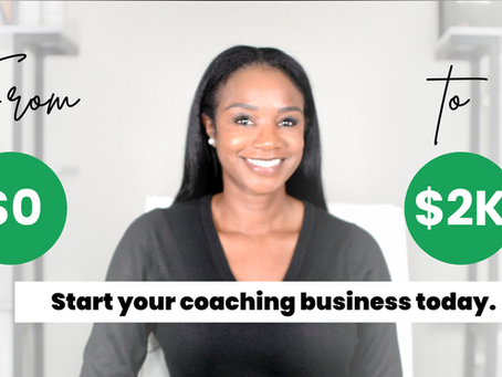 Smiling woman in black top, text reads “From $0 to $2K” with “Start your coaching business today” below. White background with shelving.