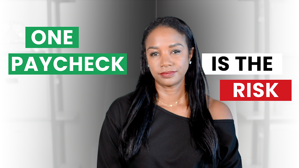 Woman in black top stands against gray backdrop. Text reads "One Paycheck Is the Risk" in bold green, white, and red. Serious mood.