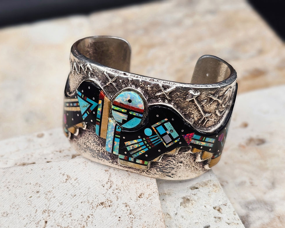 Thumbnail: "Nightway" Vintage Navajo Sterling Silver Micro- chip Inlay Cuff -Stewart Billie