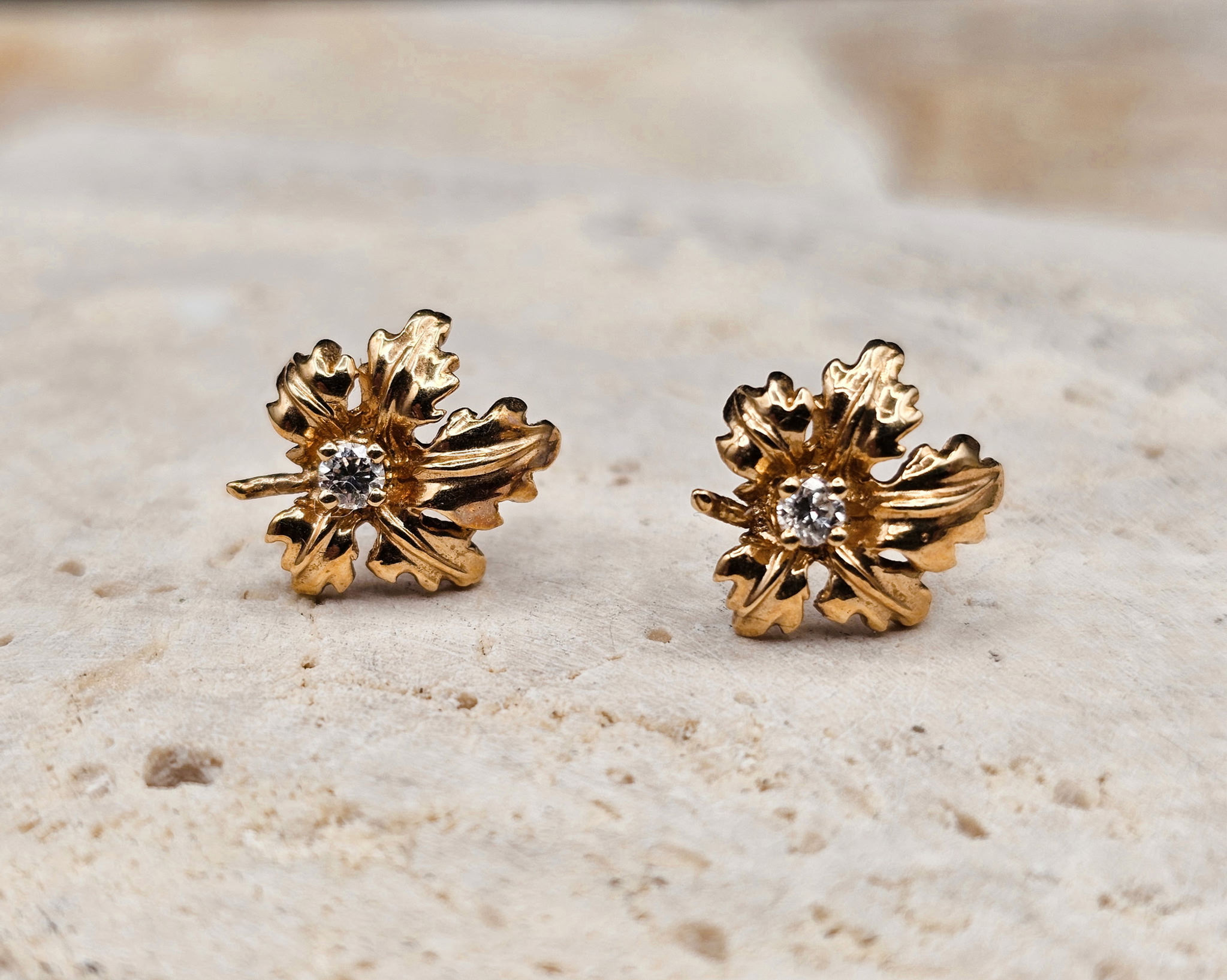 14K Yellow Gold Leaf Earrings w/ Diamond Studs 4g