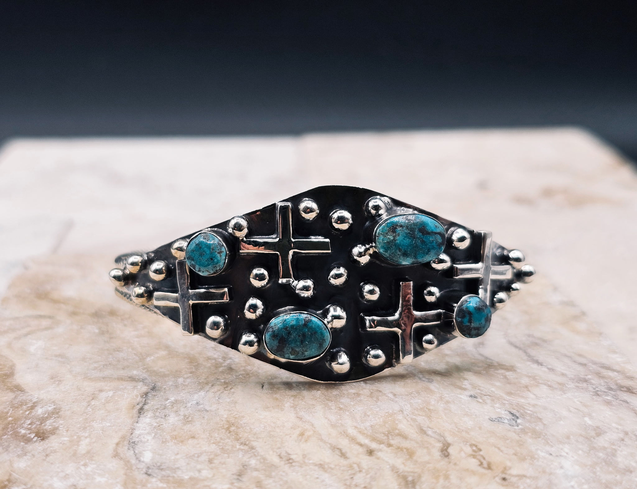 Silver Cross and Blue Turquoise Cuff