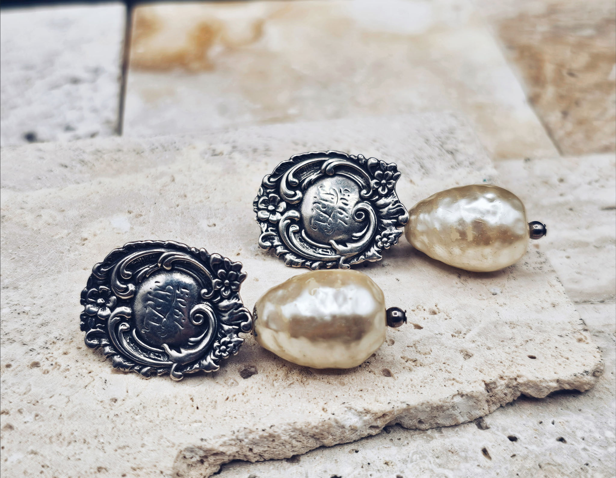 Vintage T. Foree Sterling Silver Baroque Faux Pearl Drop Earrings