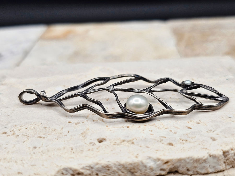Thumbnail: Sculptural Modernist Sterling Silver and Pearl Leaf Pendant
